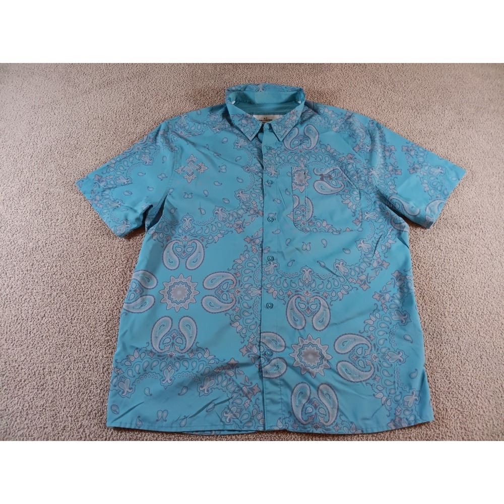 Under Armour Men XXL Blue Paisley Button Up Shirt Short Sleeve 100% Polyester